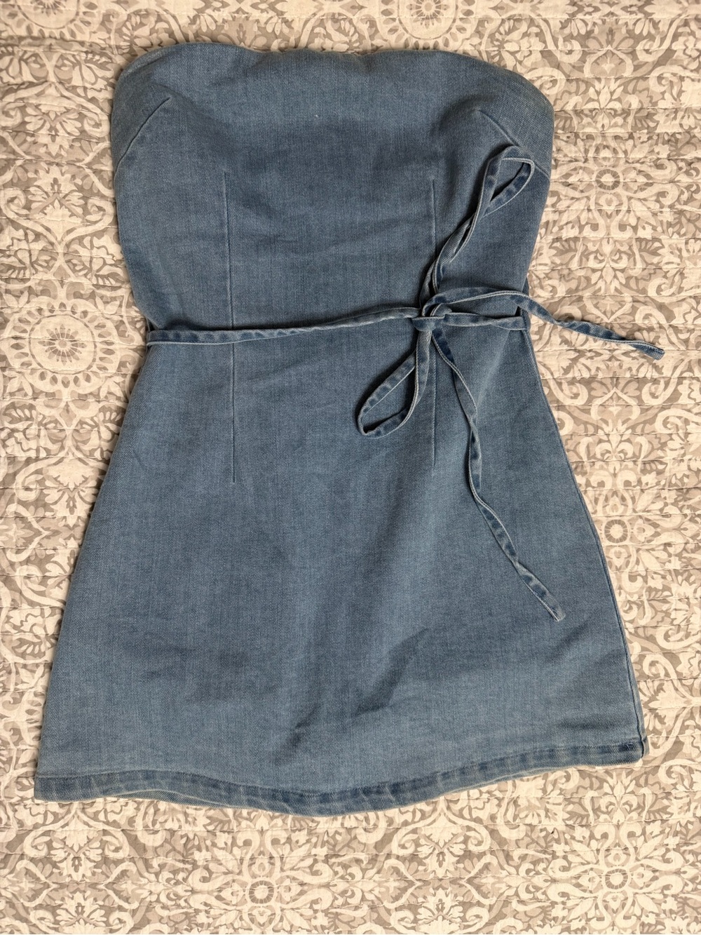Strapless Denim Mini Dress in Blue with Self-Tie Waist